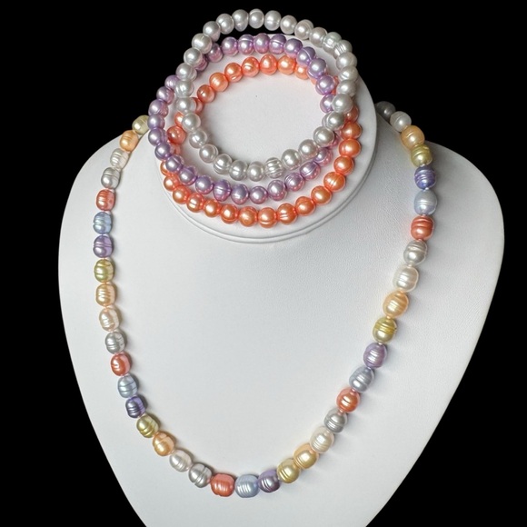 Honora 20” Multicolor Freshwater Pearl Necklace + Stretch Bracelets Sterling 925 - Picture 4 of 16